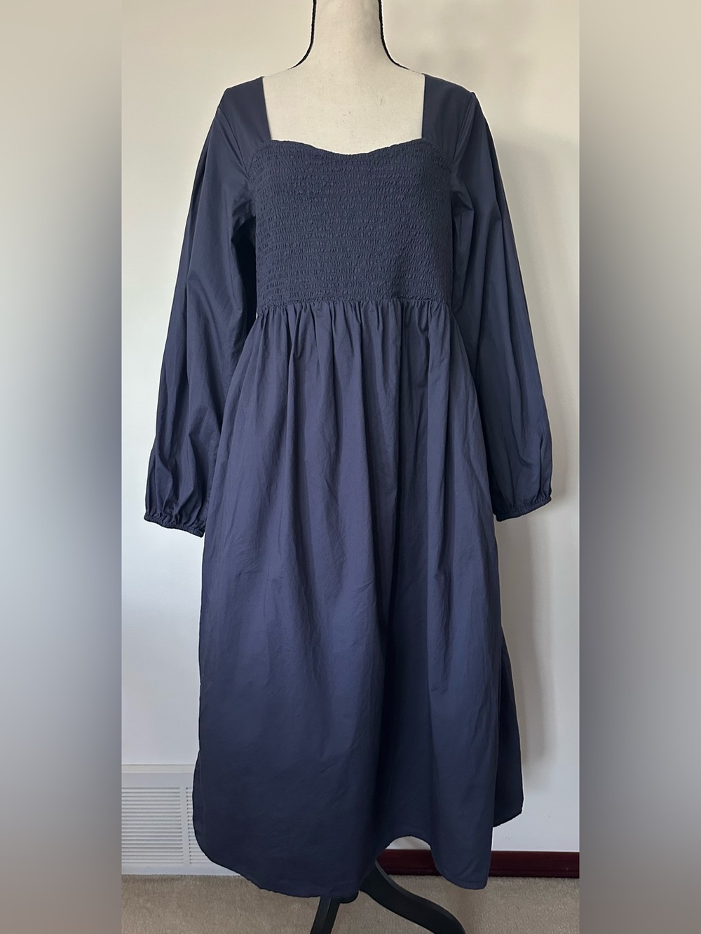 Cottagecore Navy Smocked Dress Puff Sleeve Prairie Large Western Peasant Dress - Picture 2 of 10